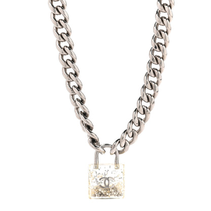 Chanel Resin CC Oversized Padlock Chain Necklace Silver Pearly White 1 of 4