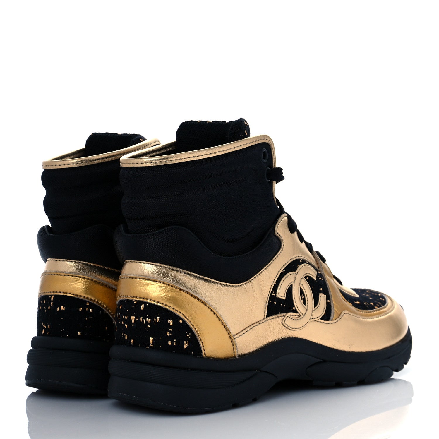 Chanel Satin Lambskin Fabric Tweed CC High Top Sneakers 38.5 Black Gold 4 of 8