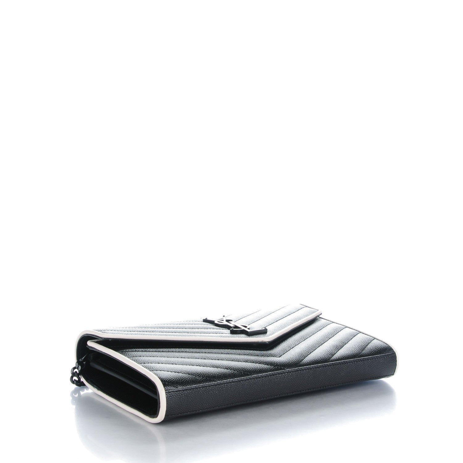 Saint Laurent Bi-Color Grain De Poudre Matelasse Chevron Monogram Chain Wallet Black White 4 of 8