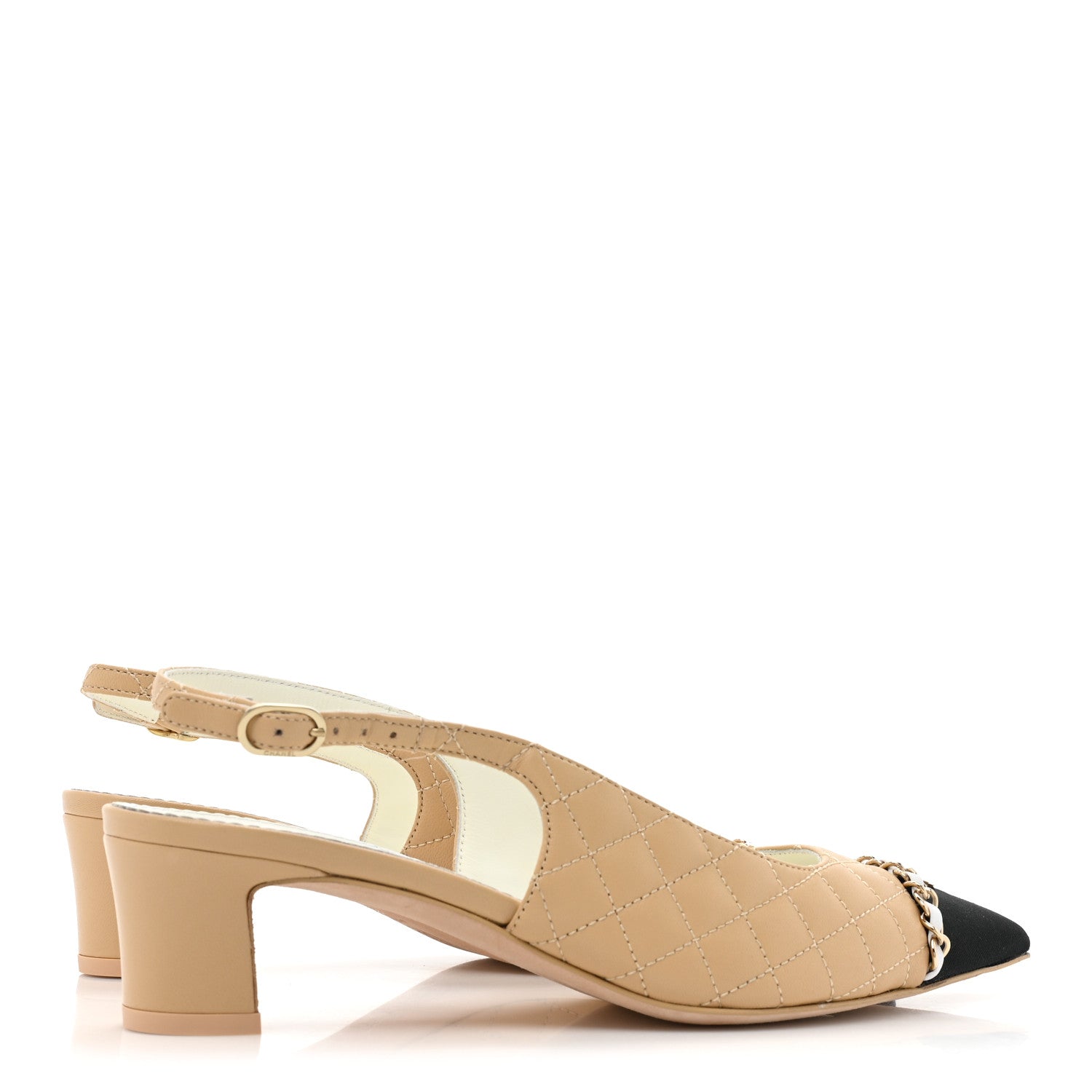 Chanel Lambskin Grosgrain Quilted Cap Toe CC Chain Slingback Pumps 38.5 Beige Black 4 of 9