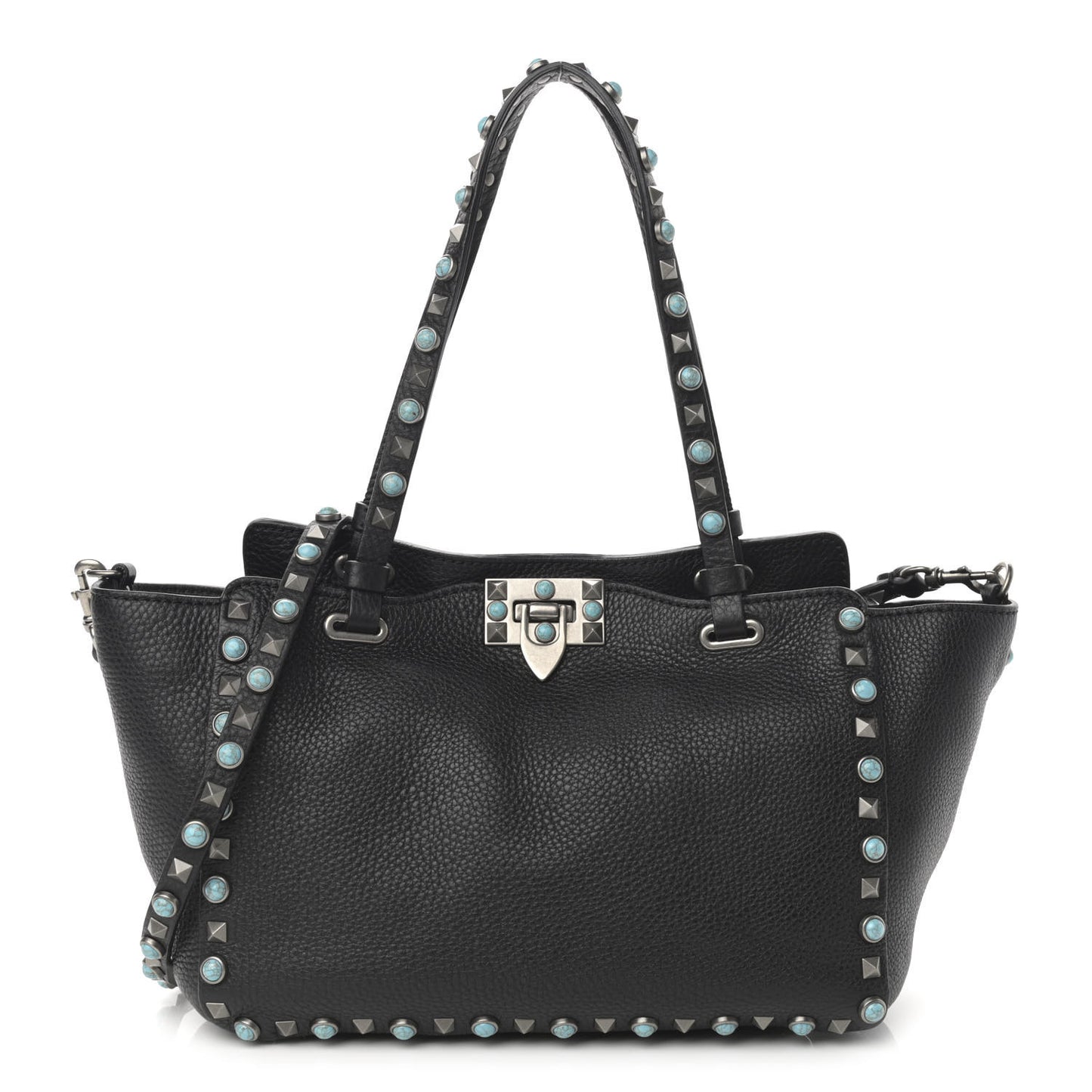 Grained Calfskin Turquoise Small Rockstud Rolling Tote Black
