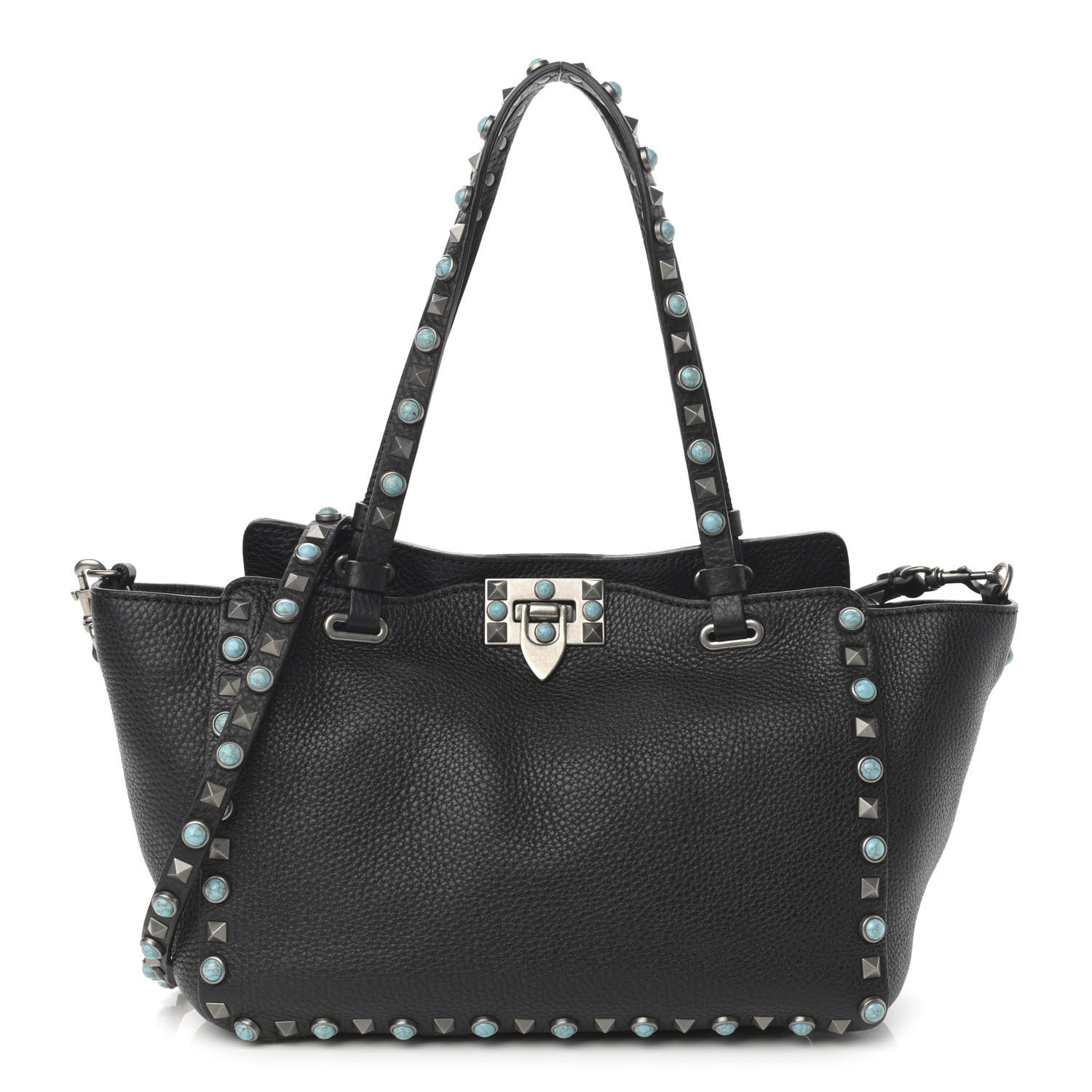 Valentino Garavani Grained Calfskin Turquoise Small Rockstud Rolling Tote Black 1 of 9