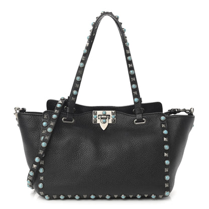 Valentino Garavani Grained Calfskin Turquoise Small Rockstud Rolling Tote Black 1 of 9