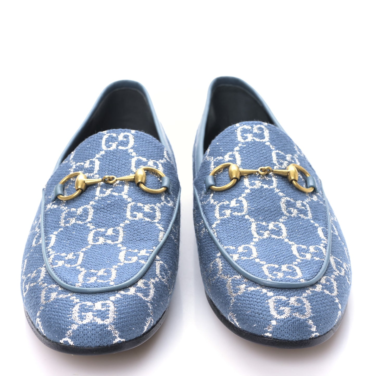 Canvas Lame GG Monogram Horsebit Womens Jordaan Loafers 37.5 Blue Silver Cornflower Blue