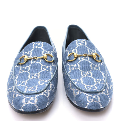Gucci Canvas Lame GG Monogram Horsebit Womens Jordaan Loafers 37.5 Blue Silver Cornflower Blue 2 of 8