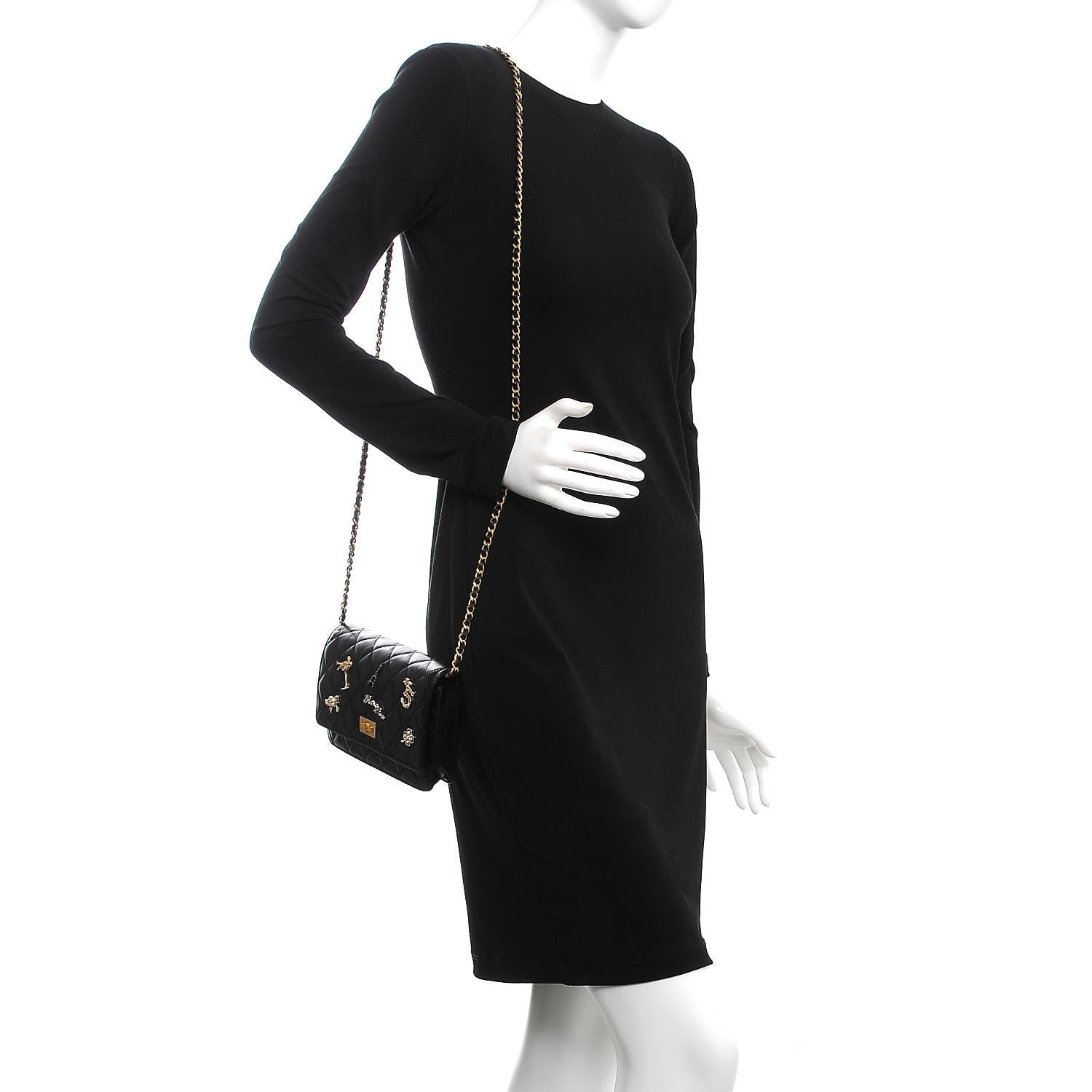 Chanel Aged Calfskin Quilted Lucky Charms 2.55 Reissue Wallet On Chain WOC Black 2 of 9
