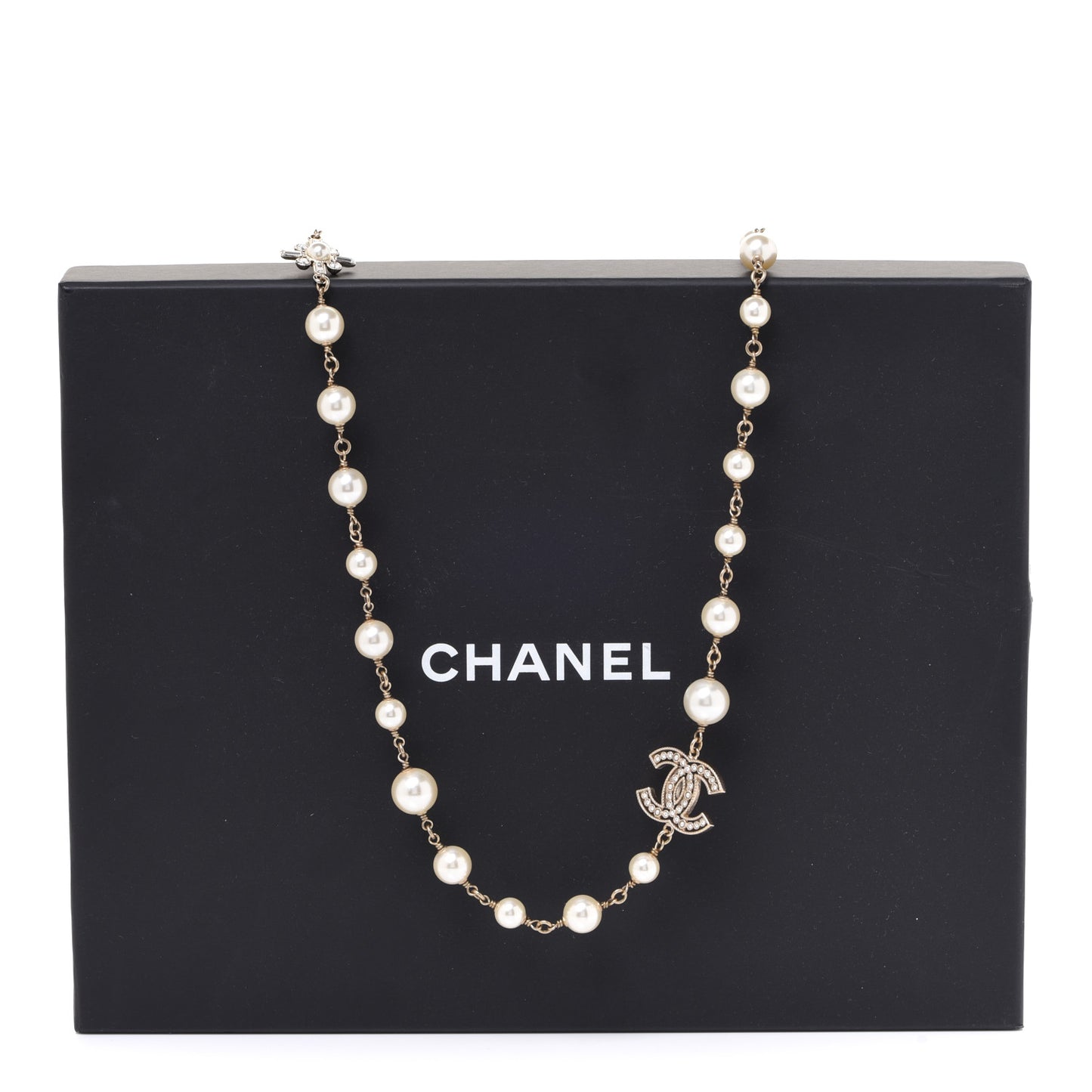 Crystal Baguette Pearl CC Necklace Gold