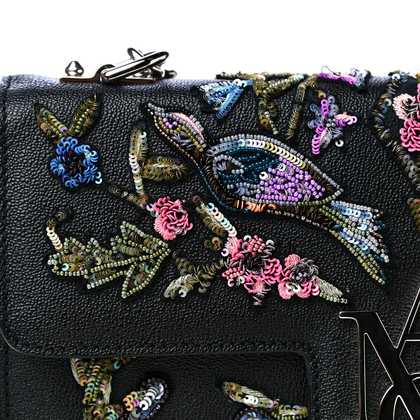 Nappa Floral Embroidered Insignia Flap Black Multicolor