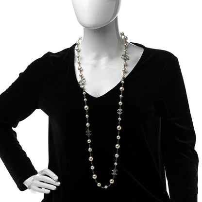 Chanel Graduated Pearl Crystal CC Long Necklace Silver 2 of 6