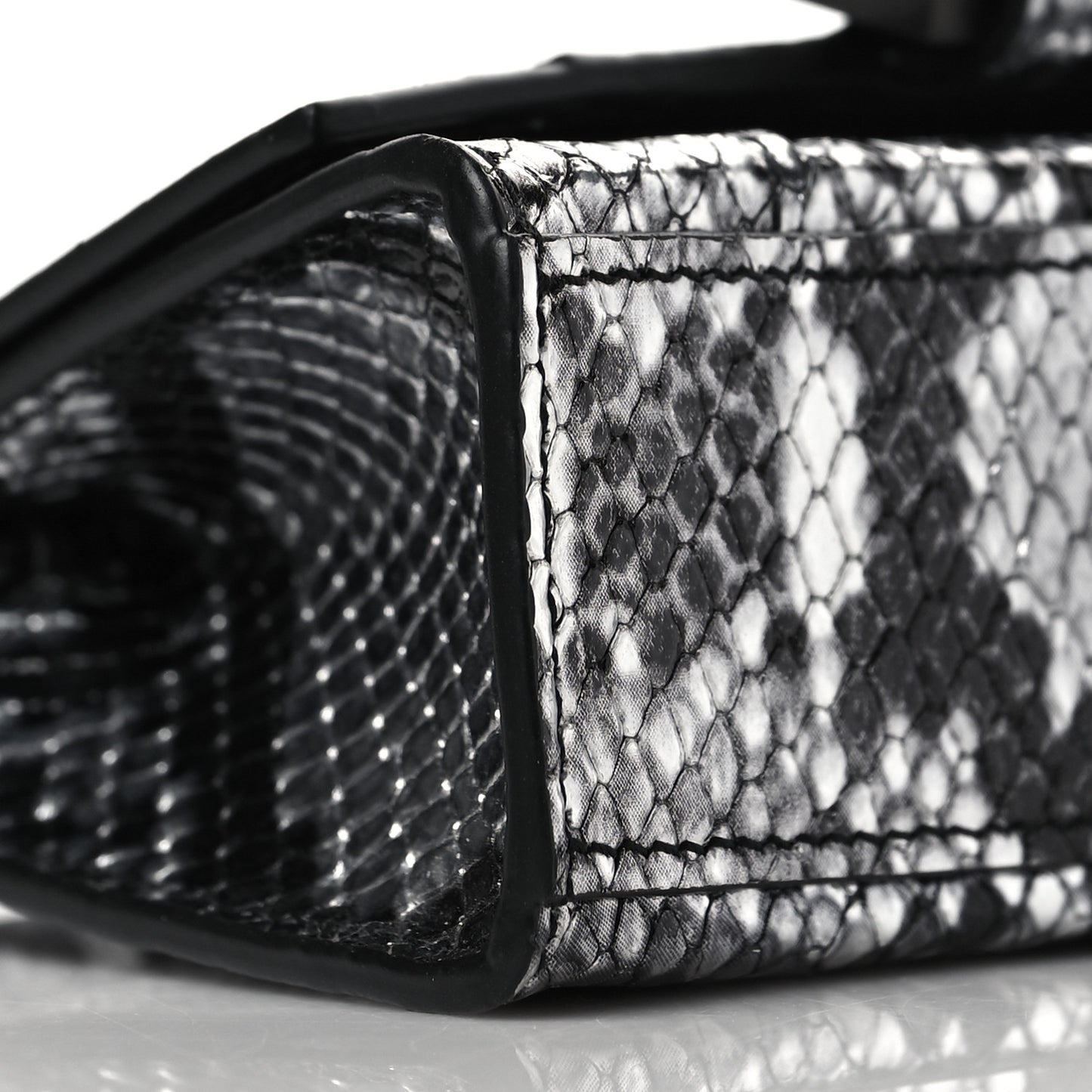 Shiny Calfskin Python Effect Hourglass Top Handle Bag Mini Silver Black