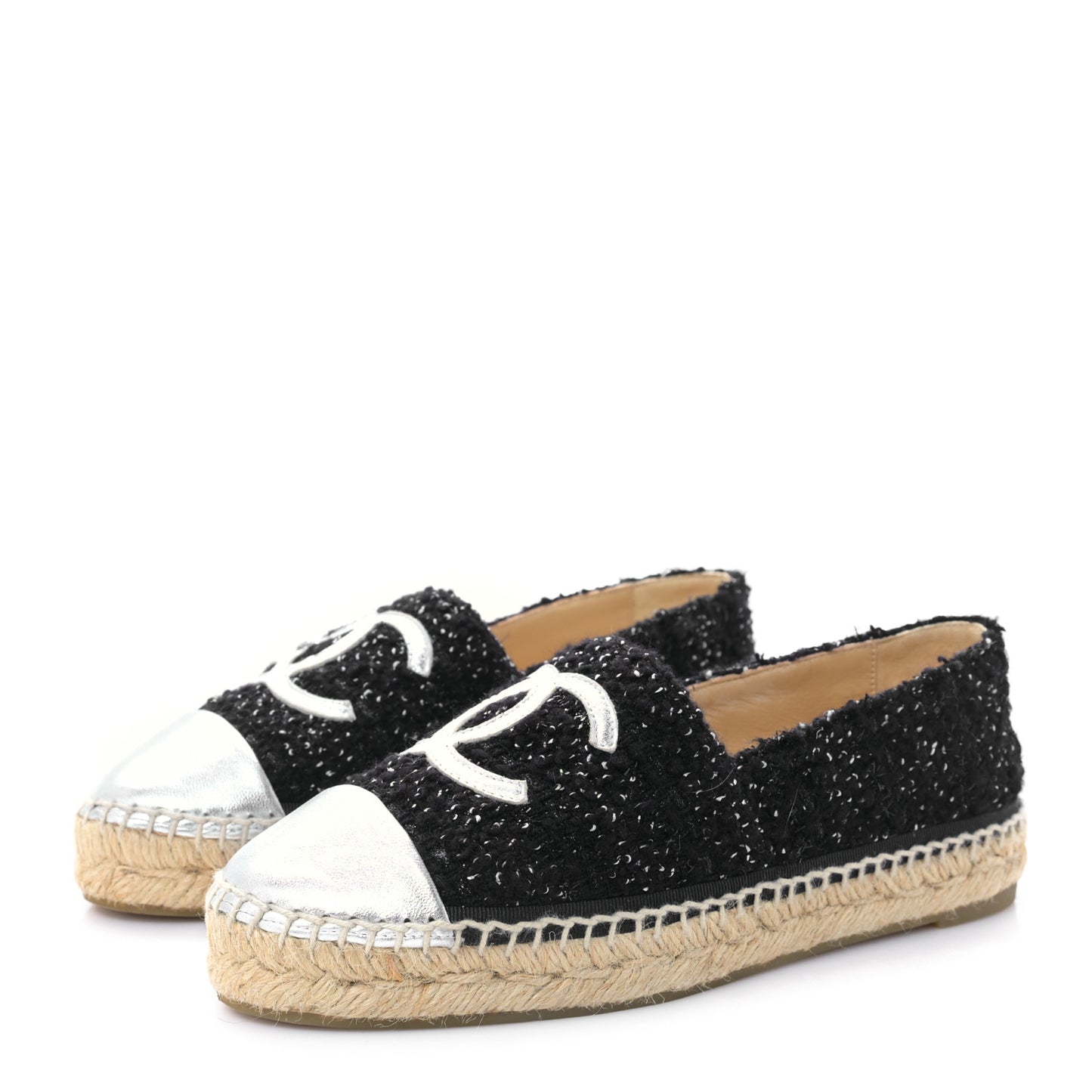 Metallic Lambskin Tweed CC Espadrilles 37 Black Silver