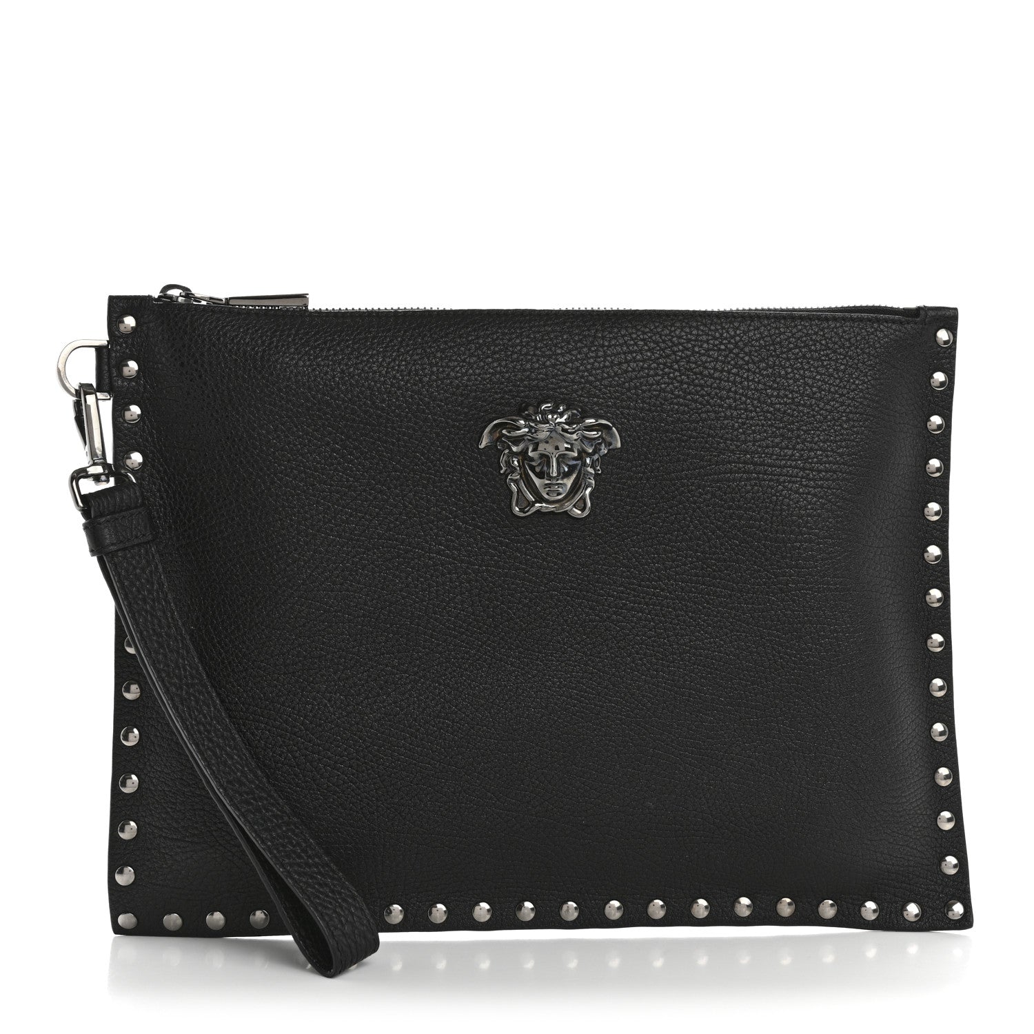 Versace Grained Calfskin Studded Medusa Wristlet Pouch Black 1 of 10