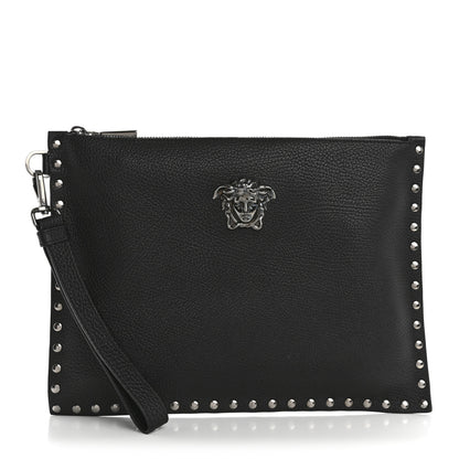 Versace Grained Calfskin Studded Medusa Wristlet Pouch Black 1 of 10