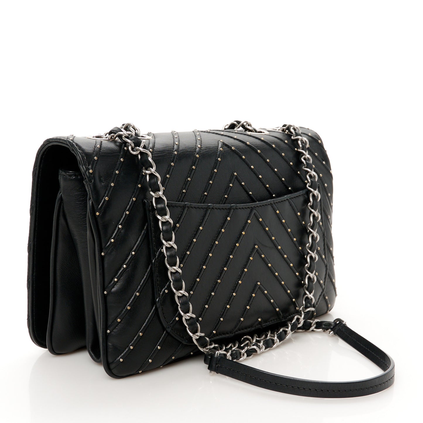 Calfskin Studded Chevron Quilted Flap Black