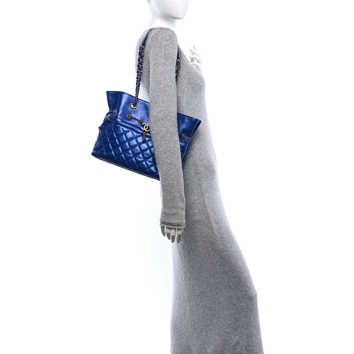 Chanel Metallic Aged Calfskin Quilted Drawstring Shopping Tote Blue 2 of 10
