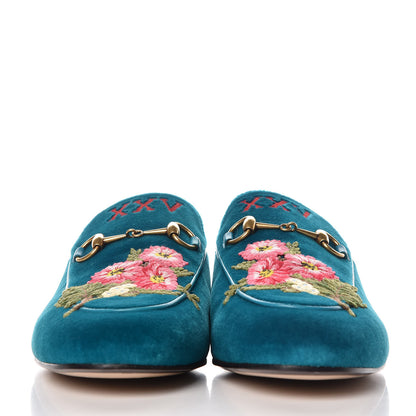 Gucci Velvet Floral Embroidered Womens Princetown Slippers 38 Pavone 2 of 12