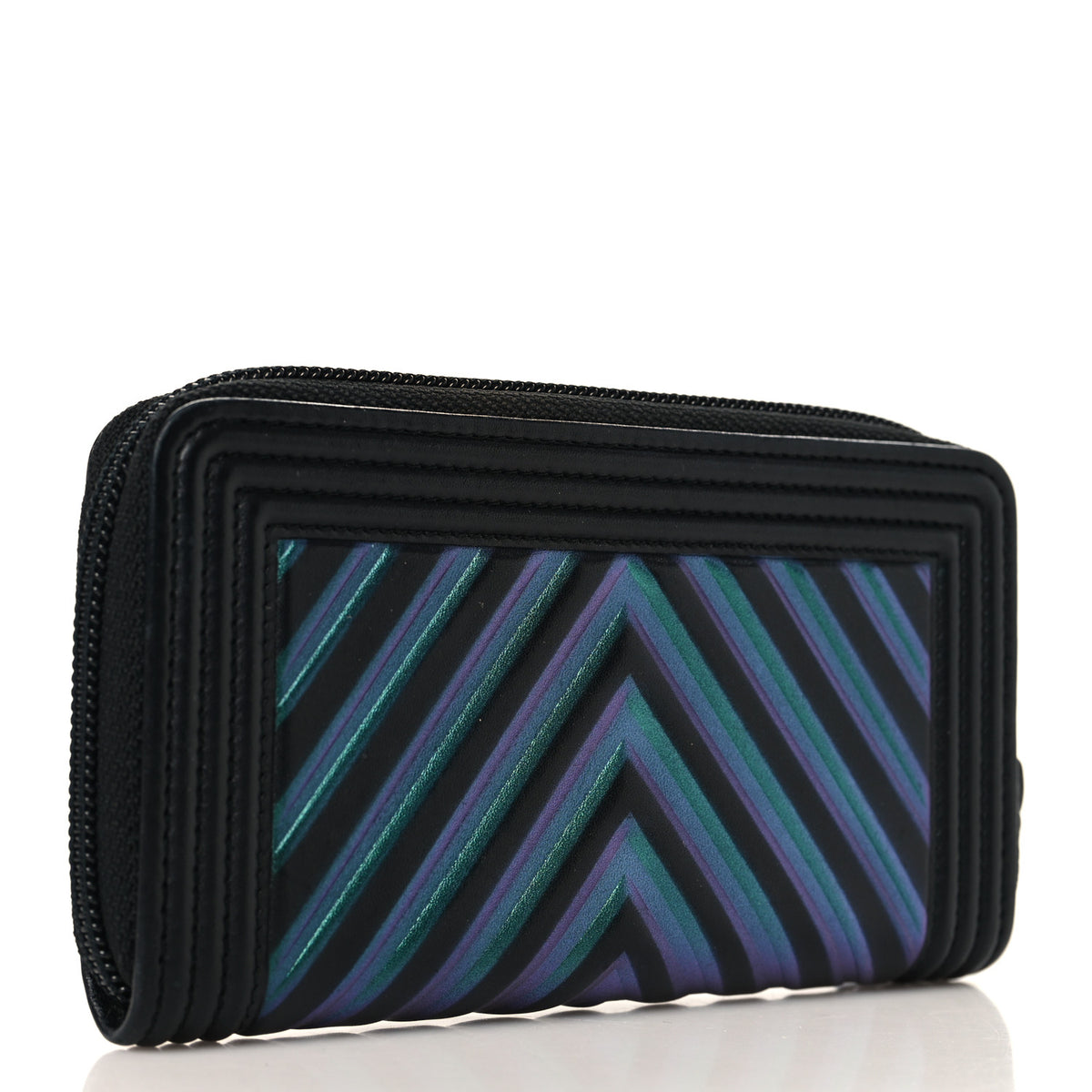 Chanel Calfskin Painted Chevron Embossed Small Boy Zip Wallet Black 3 of 8