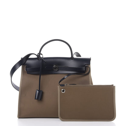 Hermes Vache Hunter Toile Herbag Zip 31 PM Etoupe Bleu Saphir 3 of 10