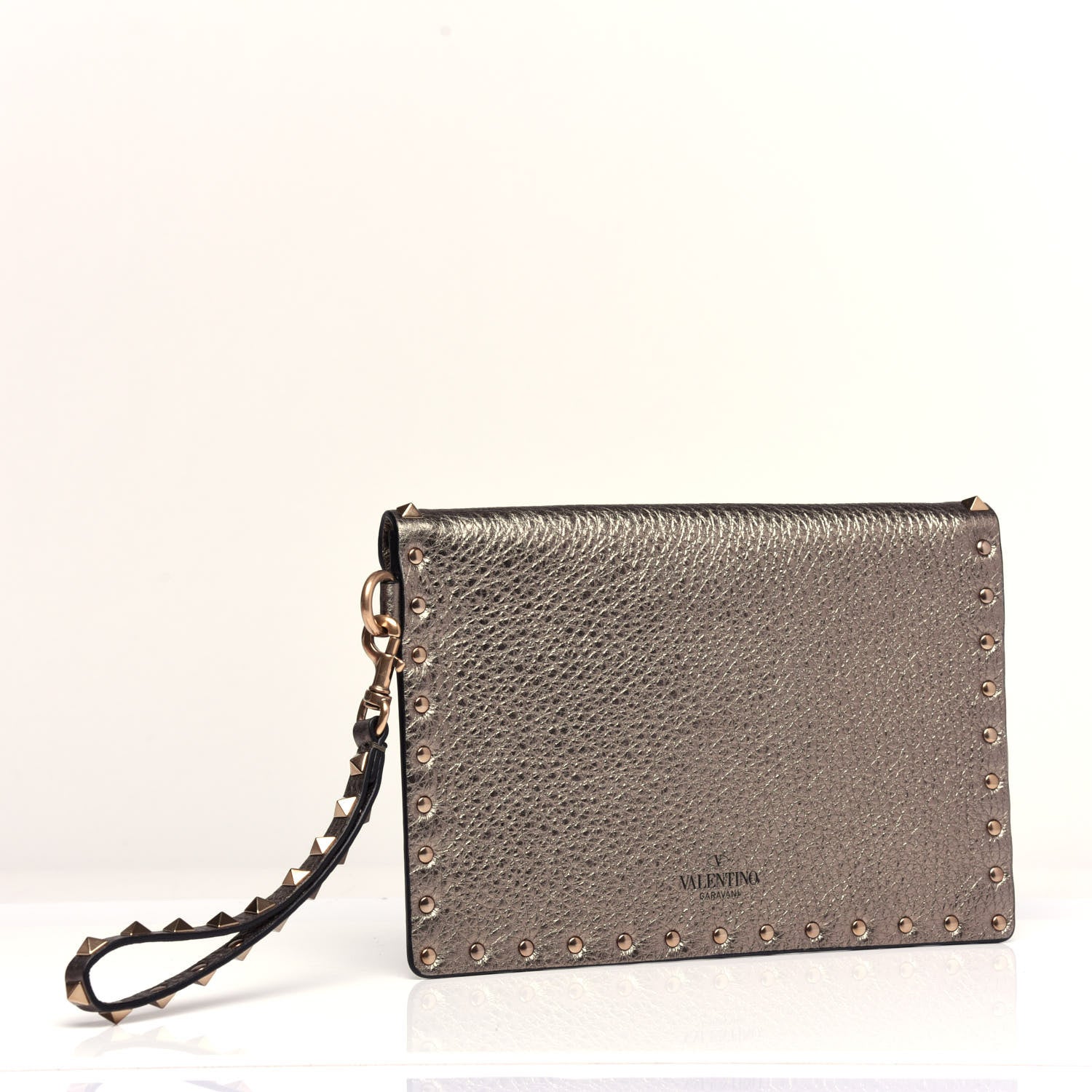 Valentino Garavani Metallic Pebbled Calfskin Medium Rockstud Envelope Flat Wristlet Pouch Sasso 3 of 7