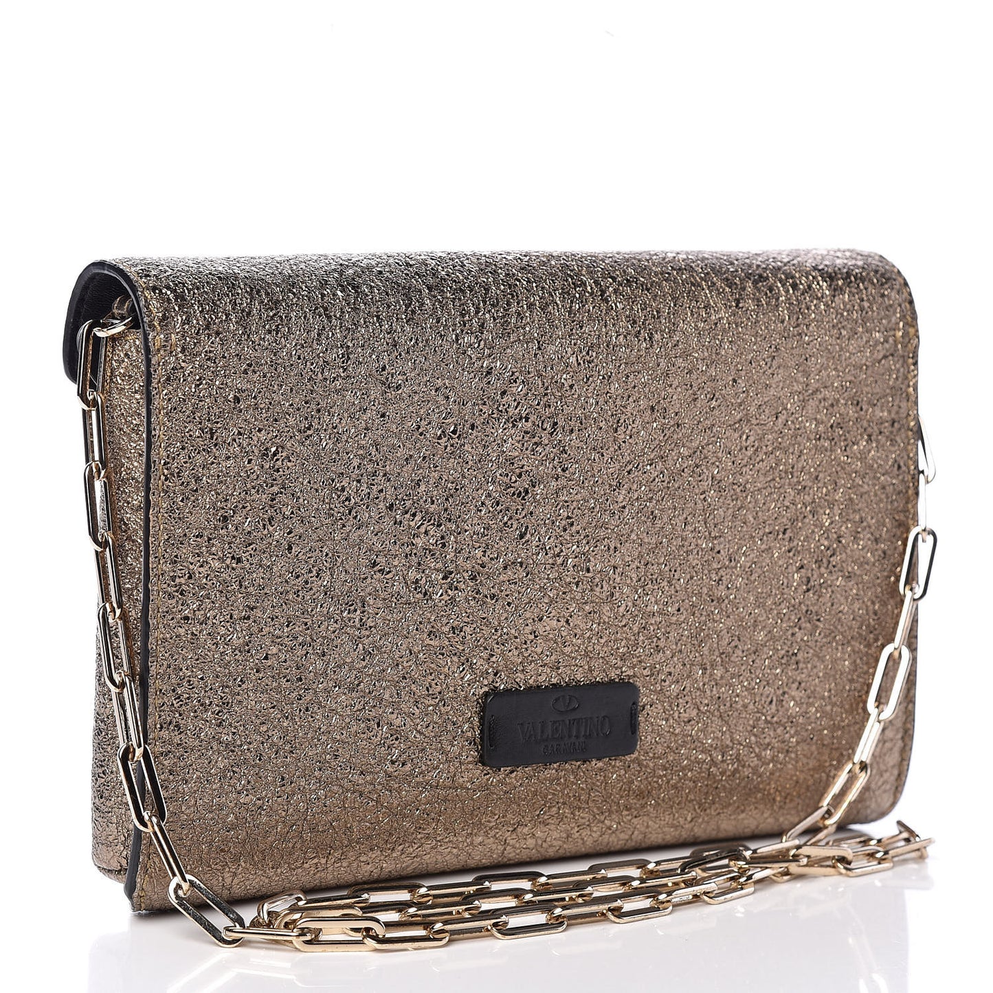 Metallic Calfskin V Rivet Chain Clutch Platinum
