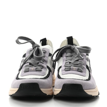 Chanel Mesh Suede Fabric Womens CC Sneakers 38 White Black Purple Dark Purple 4 of 7