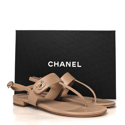 Chanel Calfskin CC Thong Sandals 37.5 Beige 10 of 10