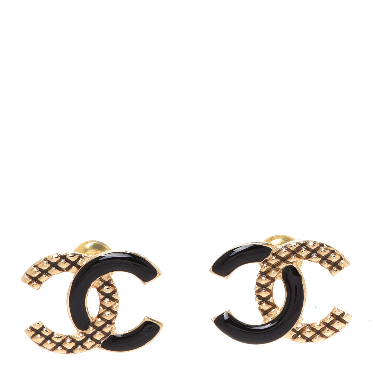 Chanel Enamel Quilted CC Earrings Black Gold 1 of 5