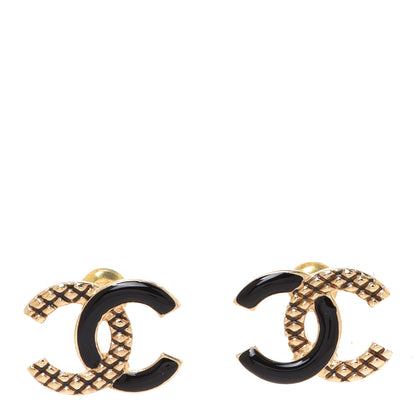 Chanel Enamel Quilted CC Earrings Black Gold 1 of 5