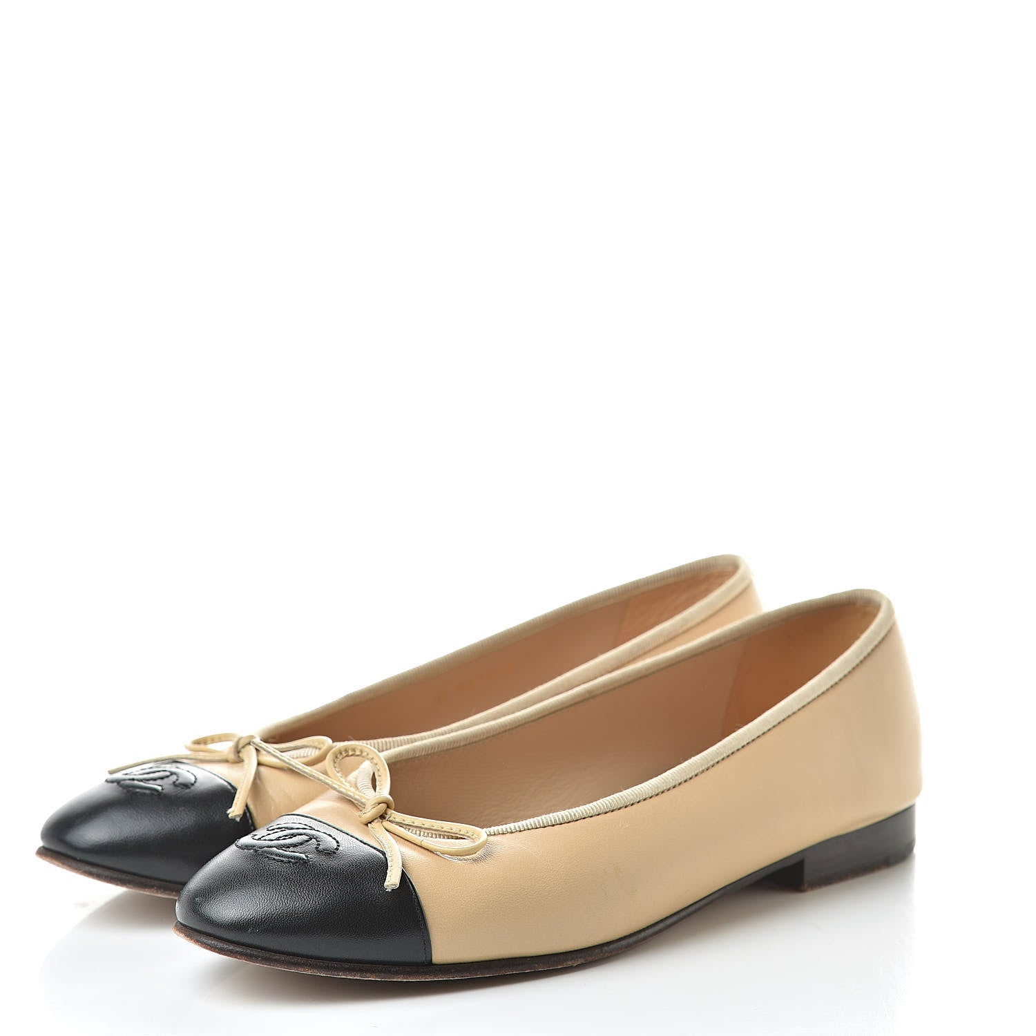 Chanel Lambskin Cap Toe CC Ballerina Flats 37 Beige Black 3 of 13