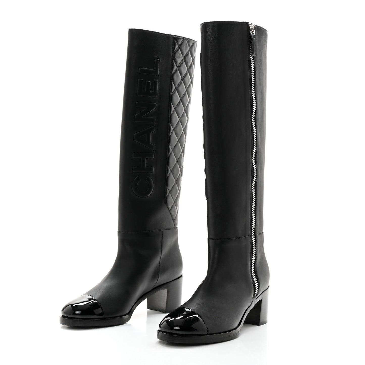 Calfskin Patent Cap Toe Quilted Logo Knee High Boots 38.5 Black