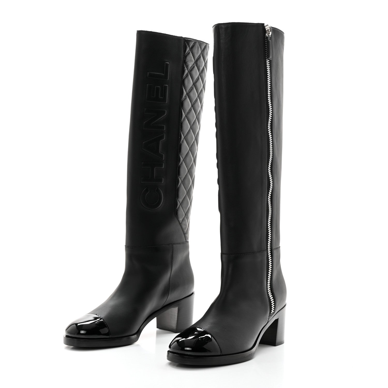 Chanel Calfskin Patent Cap Toe Quilted Logo Knee High Boots 38.5 Black 3 of 9