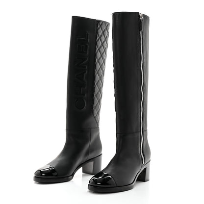 Chanel Calfskin Patent Cap Toe Quilted Logo Knee High Boots 38.5 Black 3 of 9