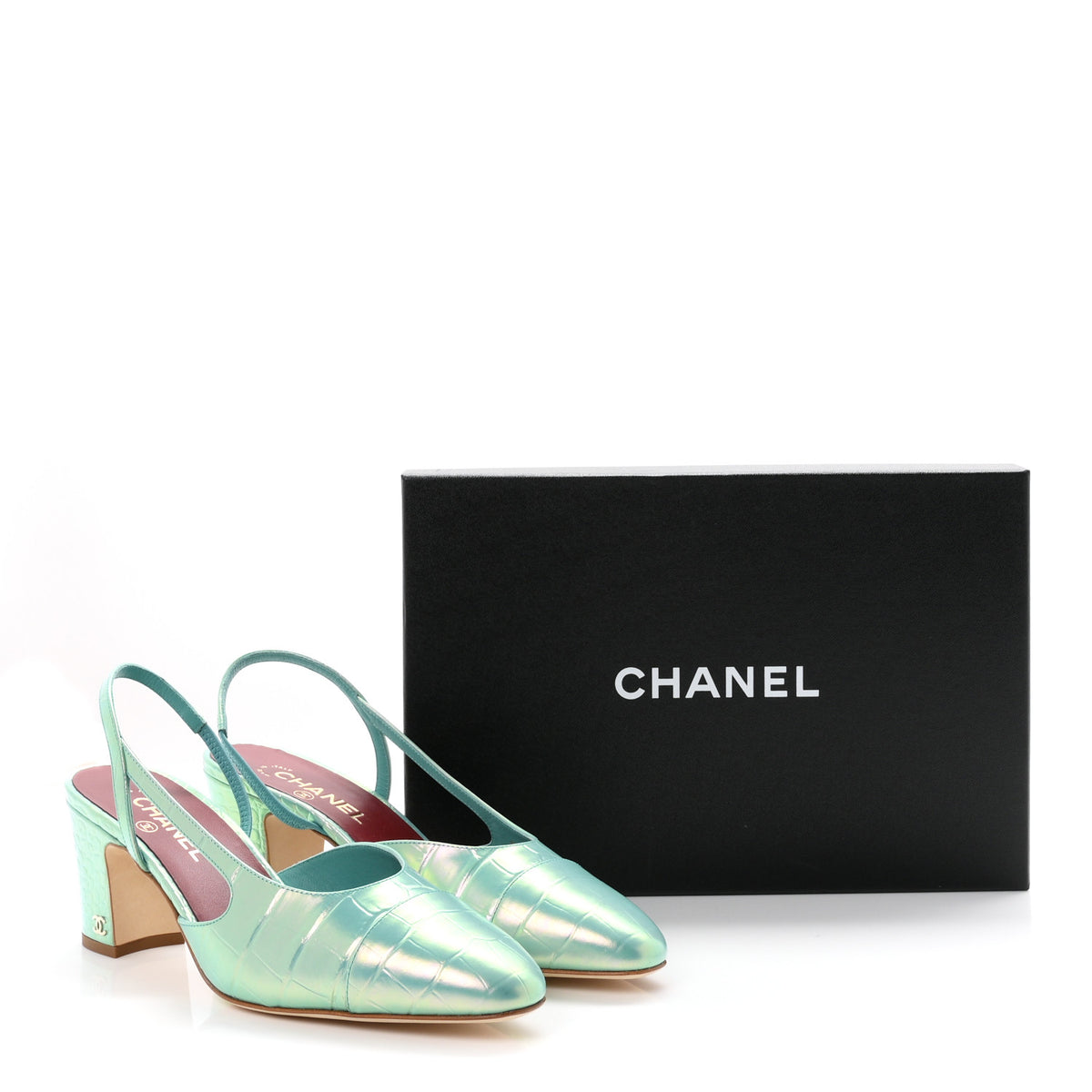 Chanel Iridecent Calfskin Crocodile Embossed CC Cap Toe CC Slingback Pumps 41 Green 10 of 10
