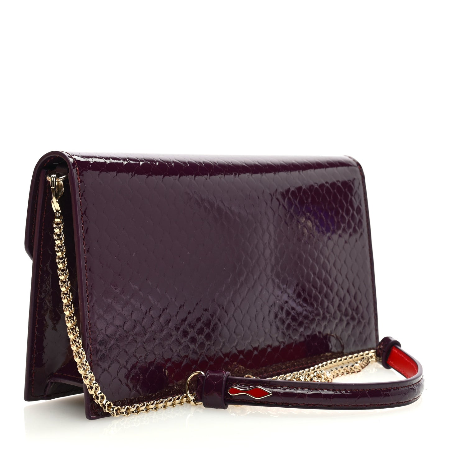 Patent Birdy Snakeskin Embossed Loubi54 Crossbody Clutch Merlot