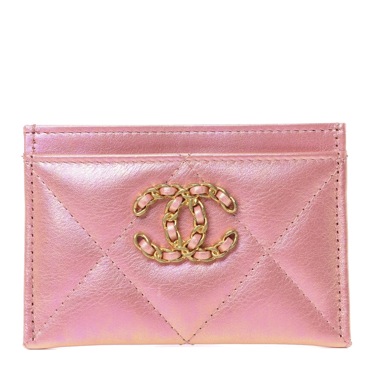 Iridescent Calfskin Quilted Chanel 19 Card Holder Pink