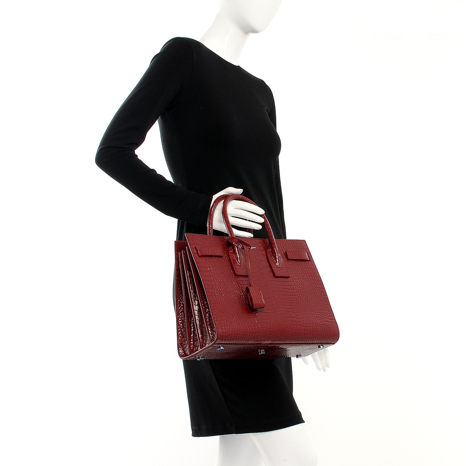 Saint Laurent Calfskin Crocodile Embossed Small Sac De Jour Bordeaux 3 of 10