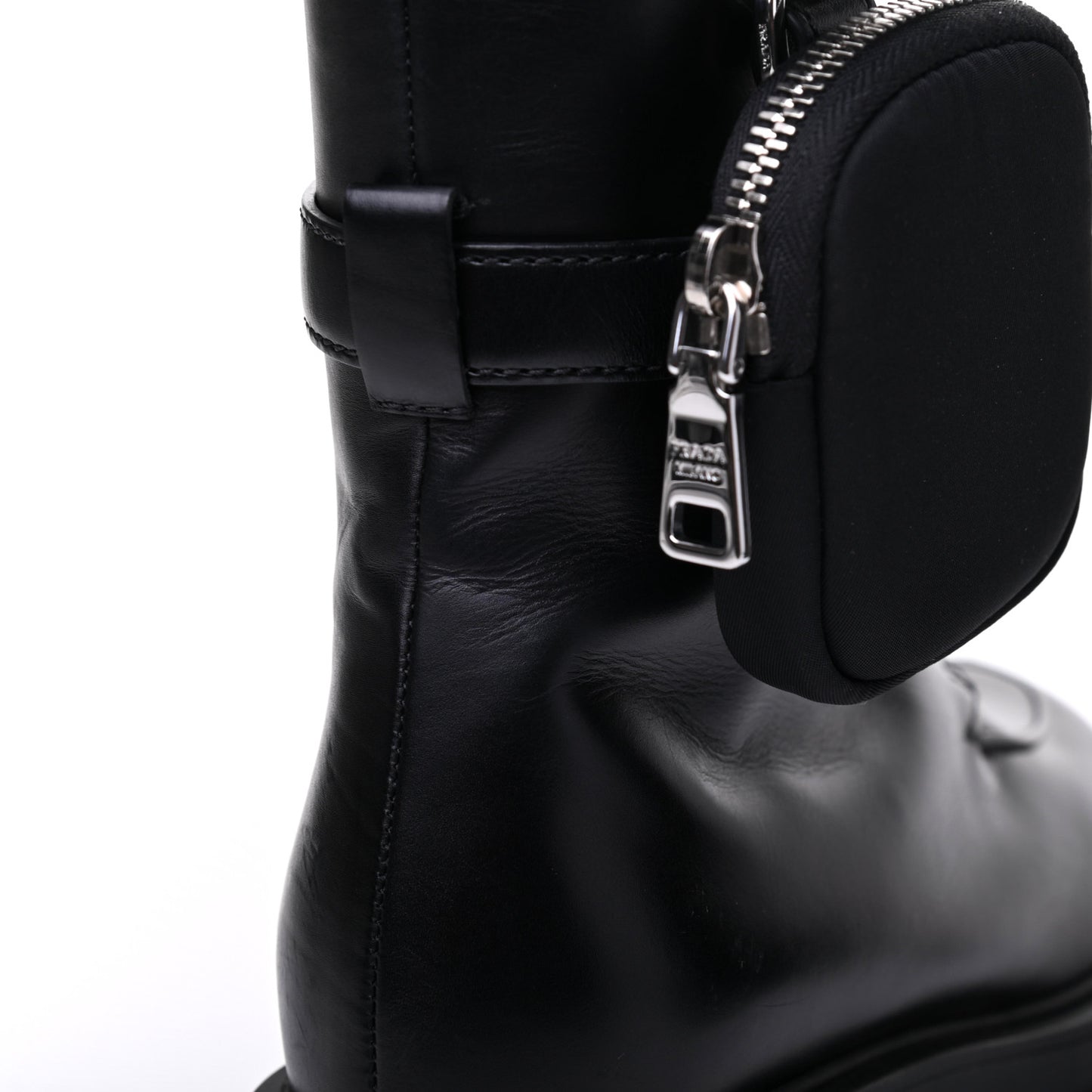 Vitello Lux Nylon Metal Triangle Logo Monolith Pouch Pocket 55mm Tall Combat Boots 37.5 Black