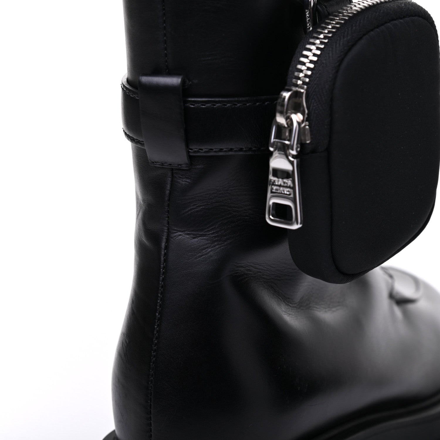 Prada Vitello Lux Nylon Metal Triangle Logo Monolith Pouch Pocket 55mm Tall Combat Boots 37.5 Black 15 of 15