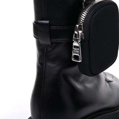 Prada Vitello Lux Nylon Metal Triangle Logo Monolith Pouch Pocket 55mm Tall Combat Boots 37.5 Black 15 of 15