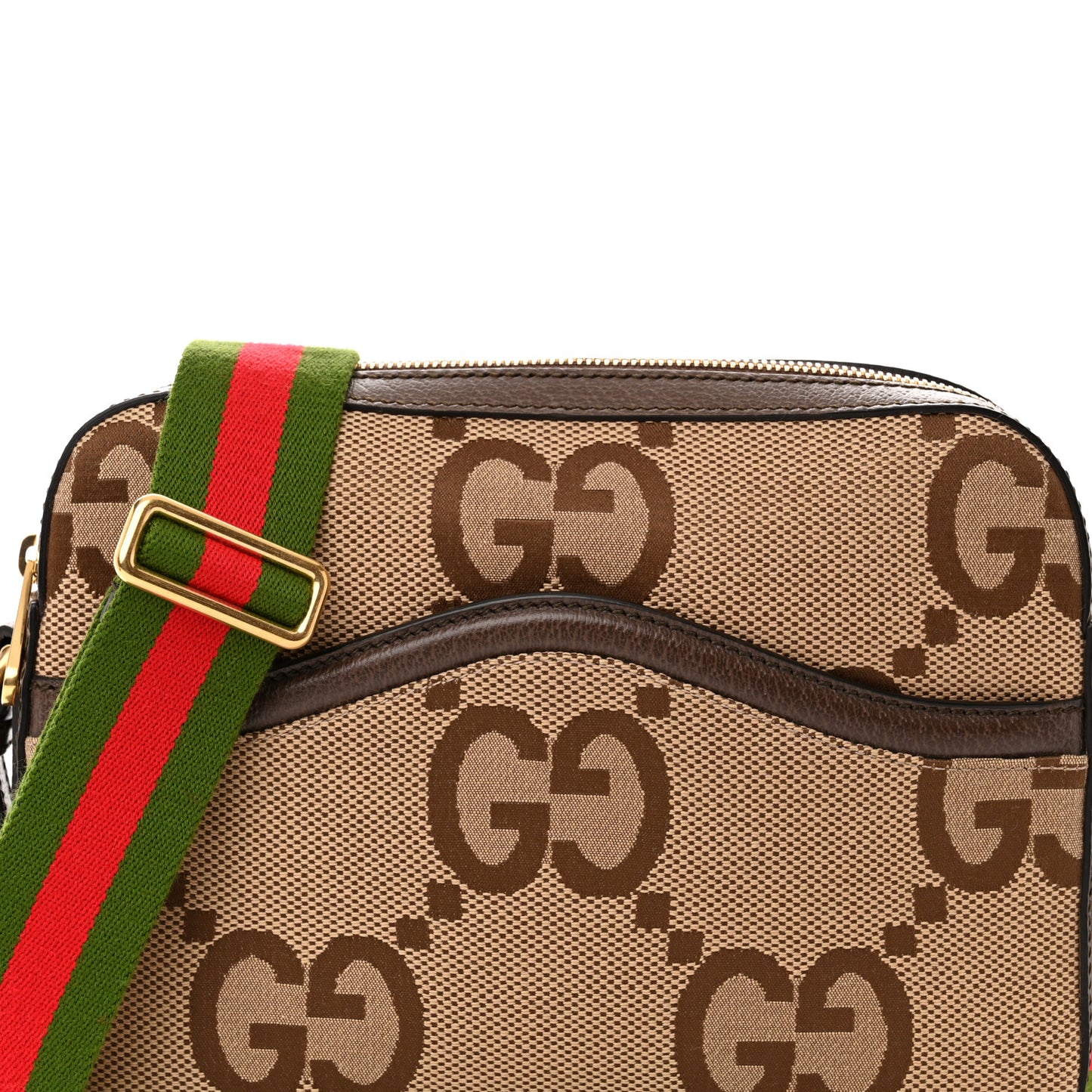 Monogram Jumbo GG Textured Dollar Calfskin Web Messenger Shoulder Bag Camel Ebony New Acero