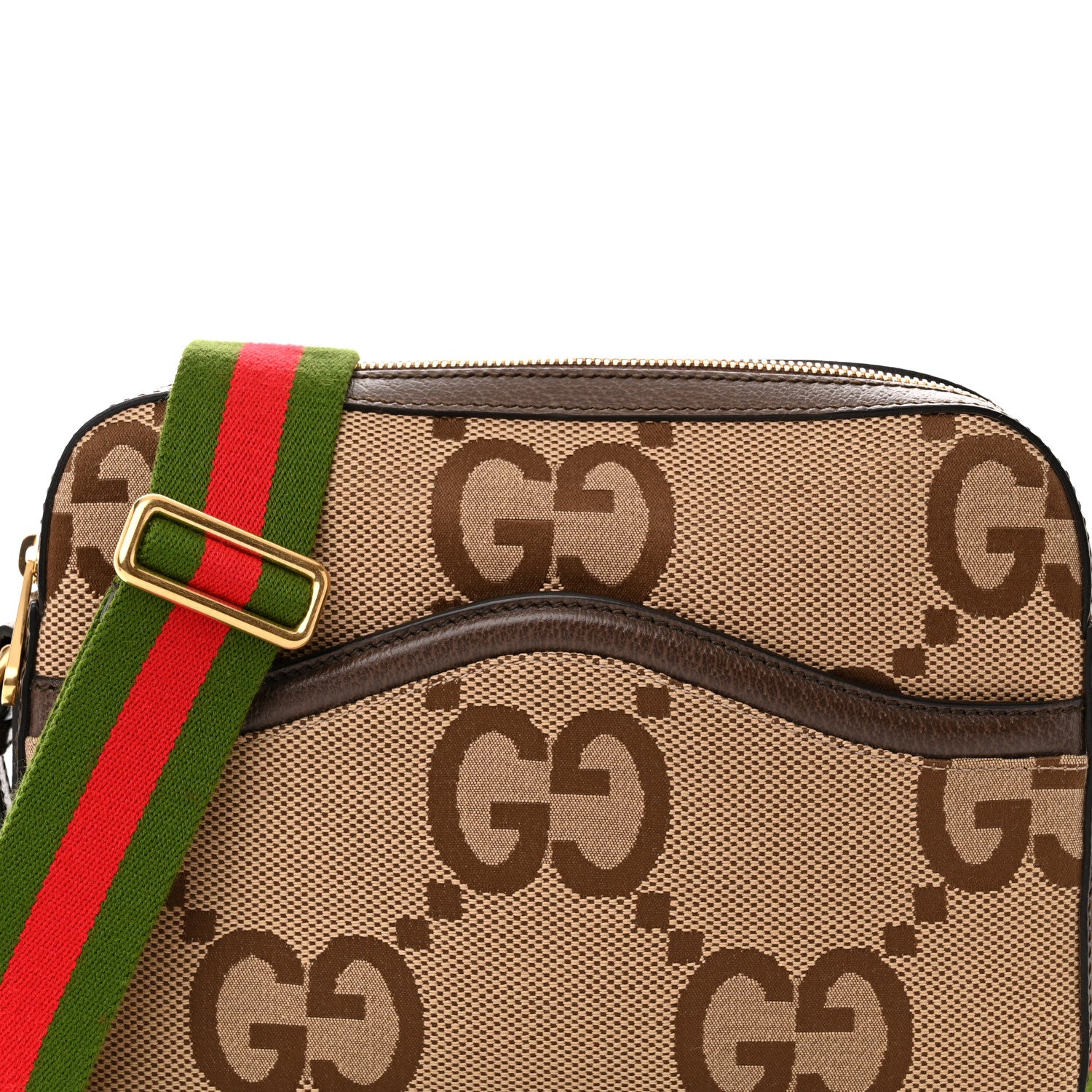 Gucci Monogram Jumbo GG Textured Dollar Calfskin Web Messenger Shoulder Bag Camel Ebony New Acero 7 of 9