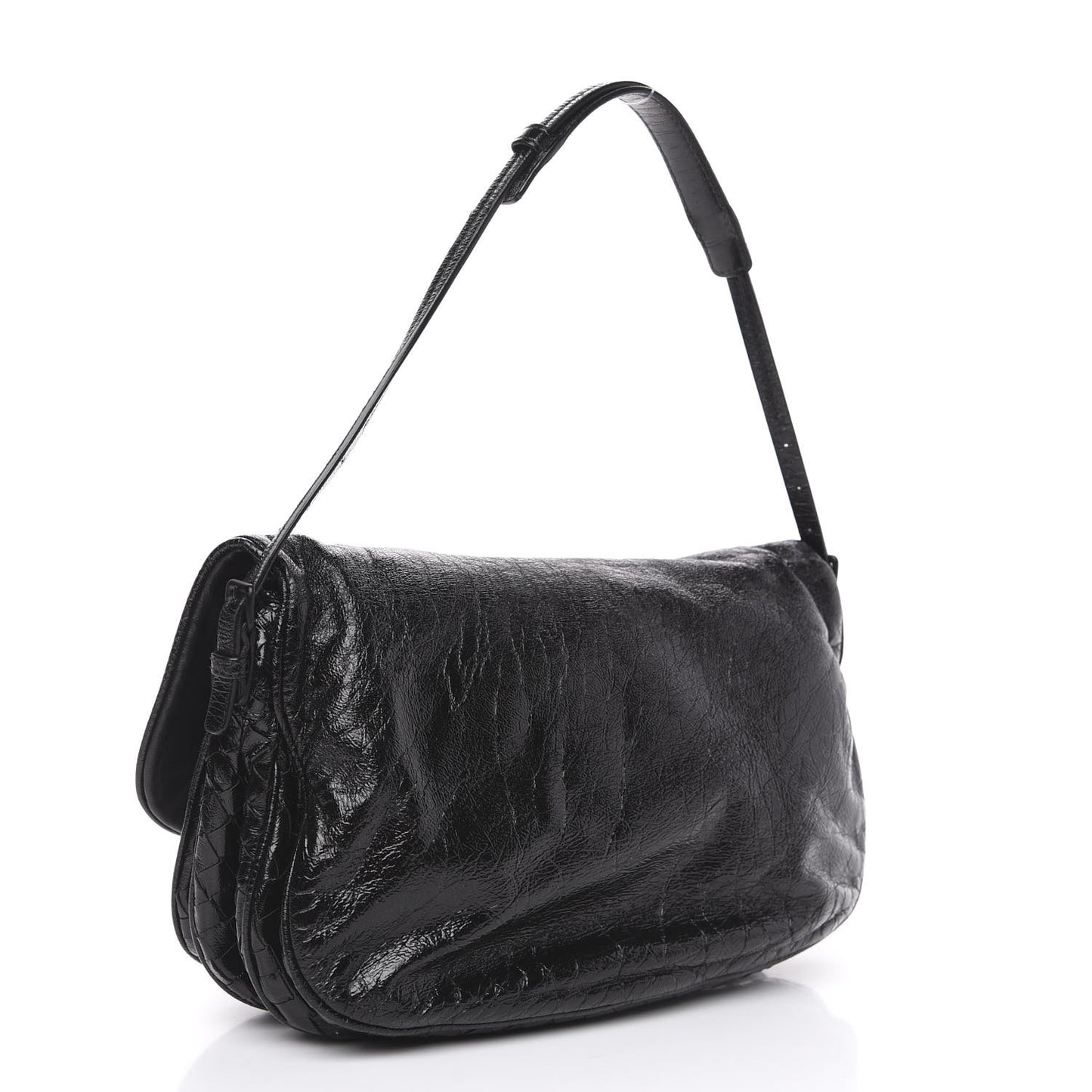 Patent Goatskin Intrecciato Shoulder Bag Black