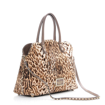 Valentino Garavani Calf Hair Cavallino Animal Rockstud Dome Satchel Leopard 4 of 15
