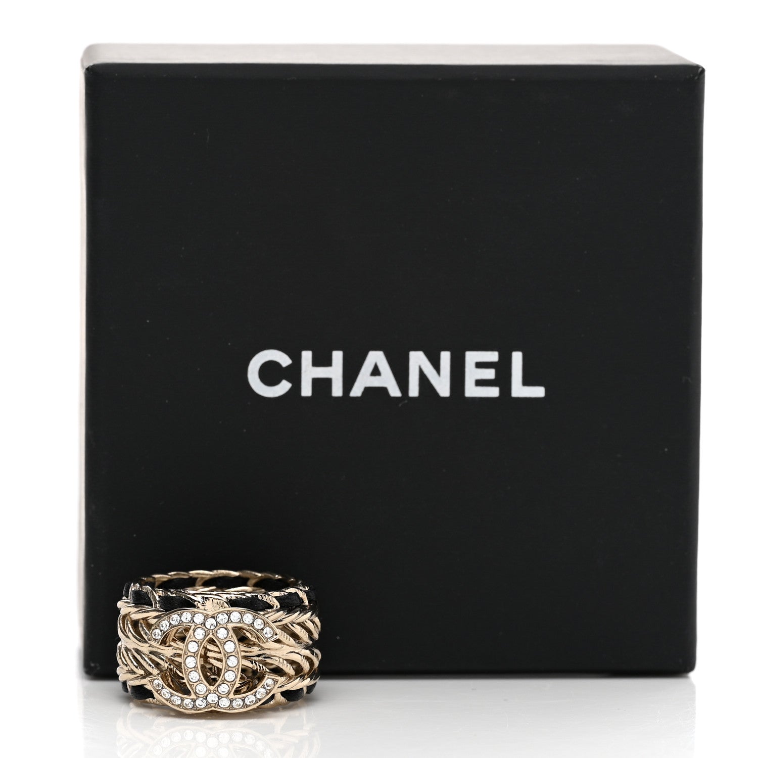 Chanel Metal Crystal Lambskin CC Ring 54 Gold Black 5 of 5