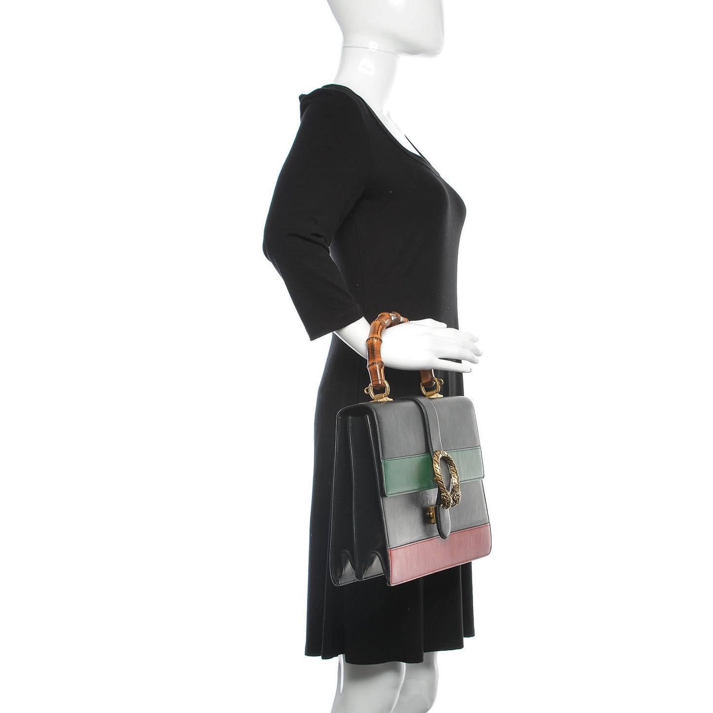 Calfskin Bamboo Web Large Dionysus Top Handle Bag Black Bright Evergreen Hibiscus Red