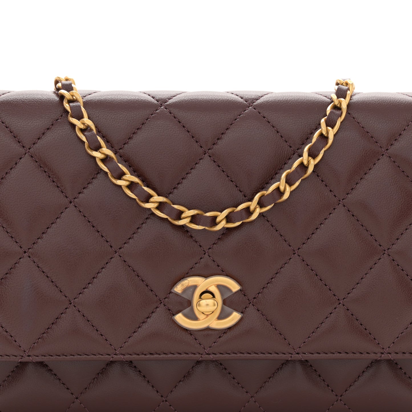 Lambskin Quilted CC Pearl Crush Wallet on Chain WOC Dark Brown