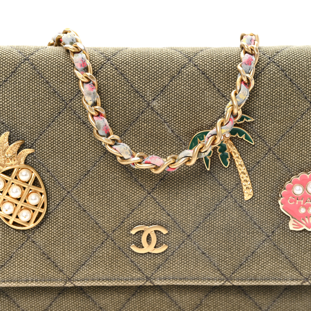 Chanel Canvas Quilted Coco Cuba Charms Wallet On Chain WOC Khaki 8 of 11