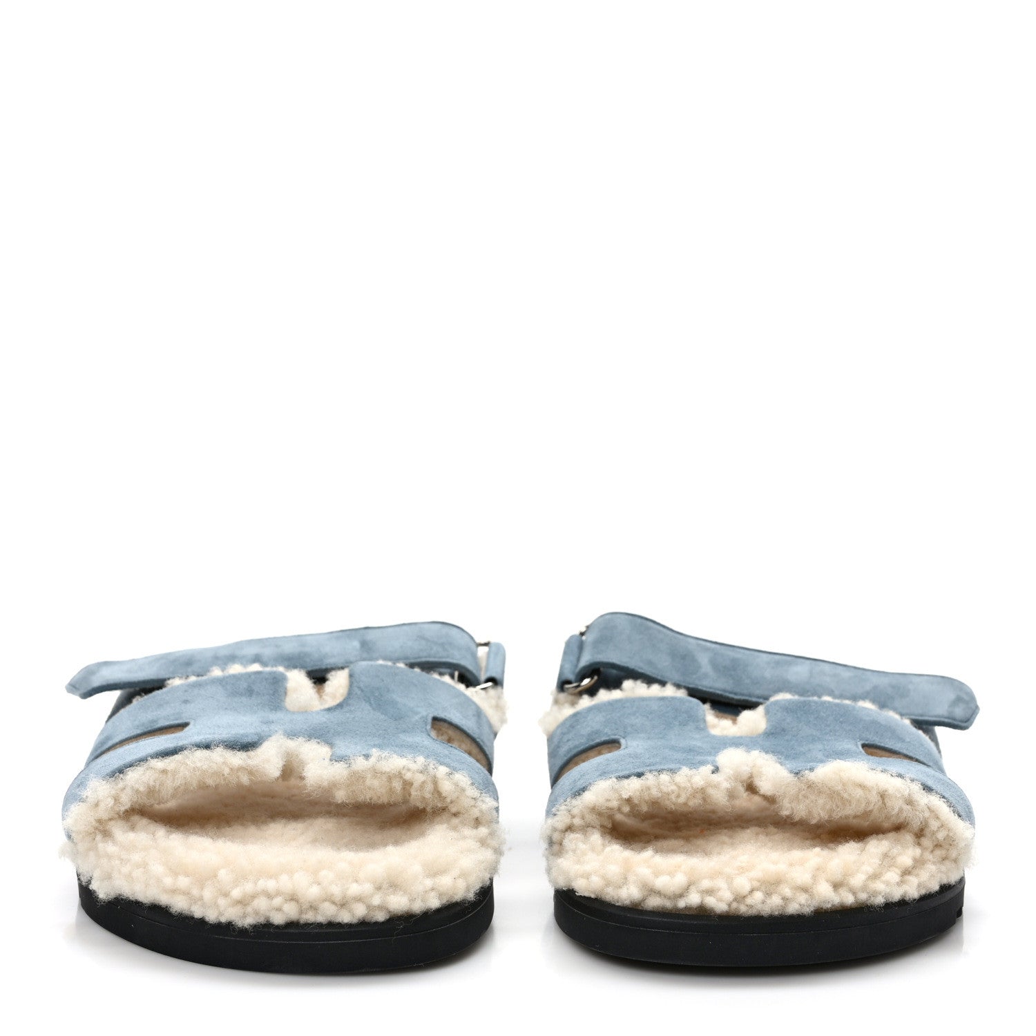 Hermes Suede Goatskin Woolskin Womens Chypre Sandals 39 Bleu Pinede Ecru 2 of 7
