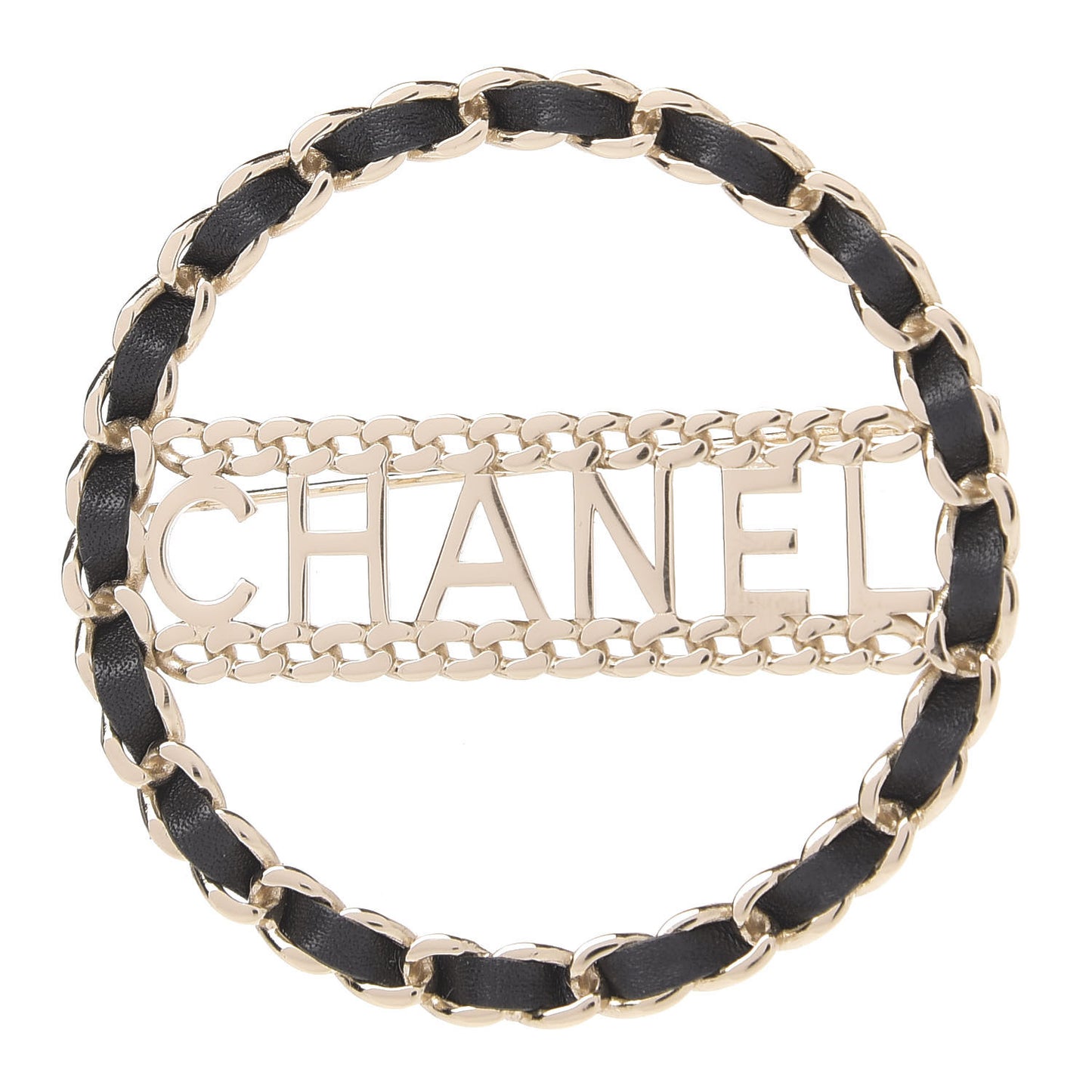 Lambskin Chain Logo Brooch Black Gold