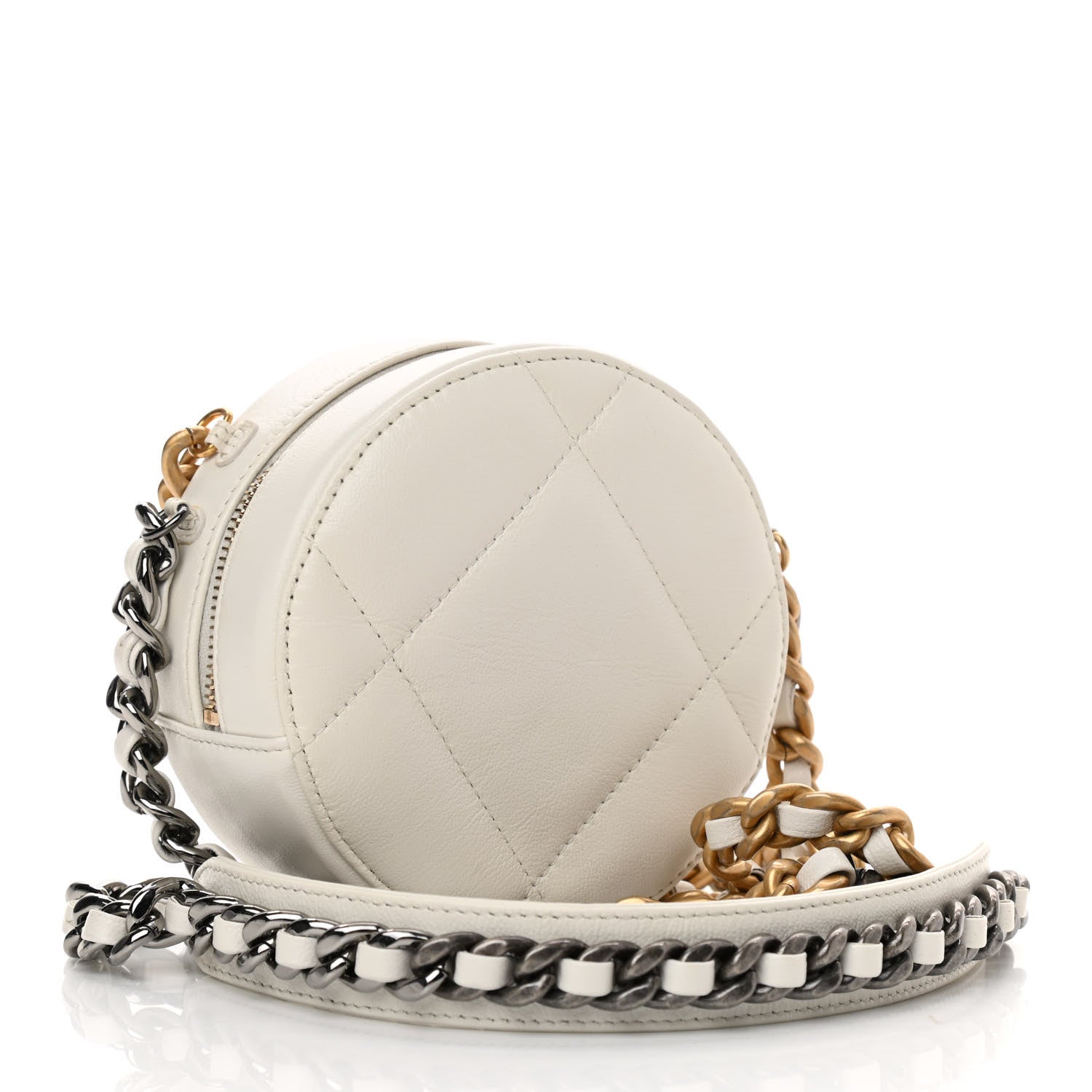 Chanel Shiny Goatskin Quilted Chanel 19 Round Clutch With Chain White 3 of 11